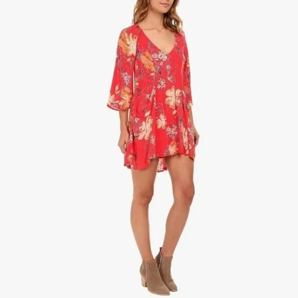 Free People Boho Flared Mini Dress Women Size 4 Red - Picture 1 of 15